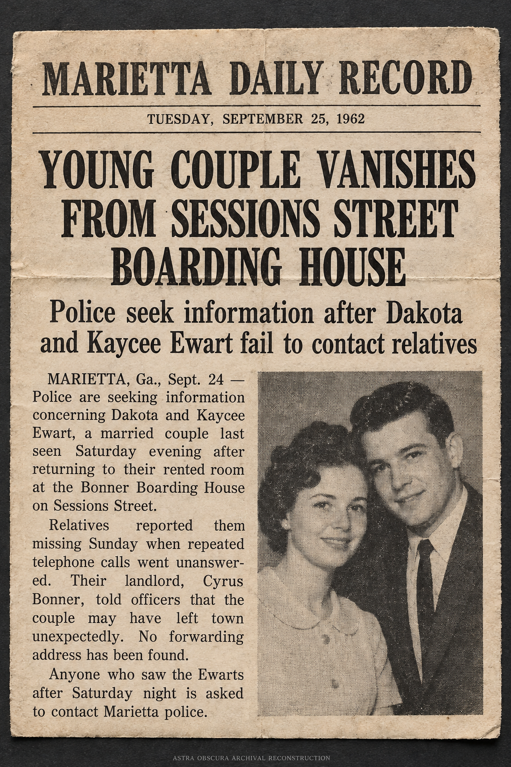 Archival reconstruction of a 1962 newspaper clipping about Dakota and Kaycee Ewart.